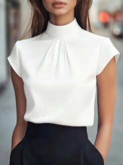 Women’s Elegant Pleated Stand-Collar Blouse